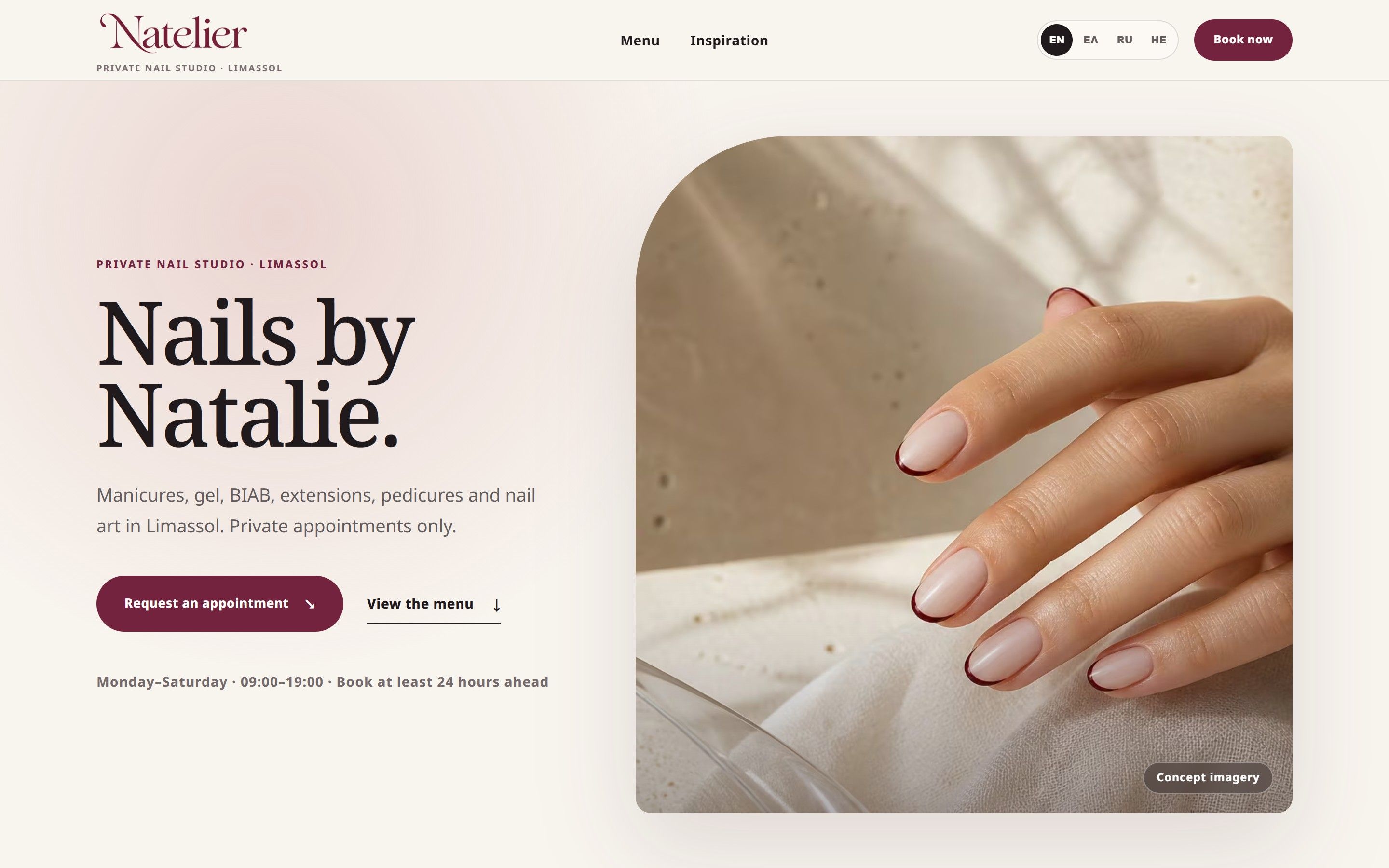 Natelier's English homepage, with the headline "Nails by Natalie", appointment buttons and a manicure photograph labelled as concept imagery.