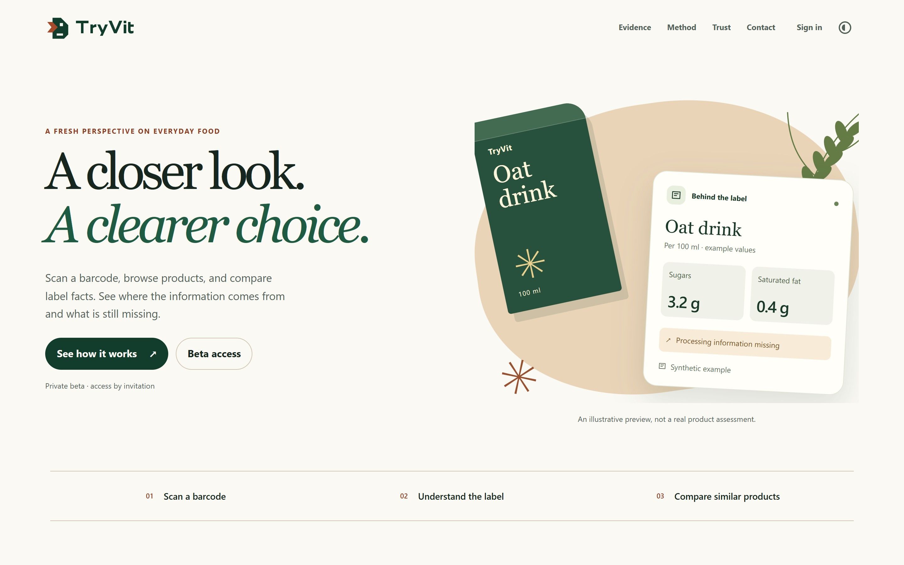 TryVit's homepage, with the headline "A closer look. A clearer choice." and an illustrated oat-drink label breakdown.